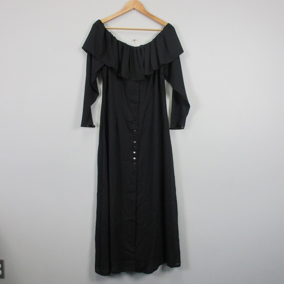 Vtg Dress 12 Black Maxi Off Shoulder Ruffle Layered Button Whimsigoth Gothic 338 - Picture 1 of 10